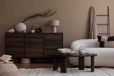 Oturma odasının minimalist kompozisyonu fotokopi alanı, bej consola, kitaplar, kurumuş çiçekli şık vazo ve kişisel aksesuarlar. Ev dekoru. Şablon. Mocha Mousse