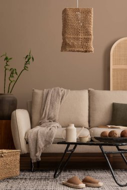 Sıcak ve rahat oturma odasının iç tasarımı bej kanepe, boho lambası, ekose, yeşil yastık, sehpa, kahverengi terlikler, çiçekli vazo ve kişisel aksesuarlarla. Ev dekoru. Şablon.