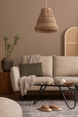 Sıcak ve rahat oturma odasının iç tasarımı bej kanepe, boho lambası, ekose, yeşil yastık, sehpa, kahverengi terlikler, çiçekli vazo ve kişisel aksesuarlarla. Ev dekoru. Şablon.