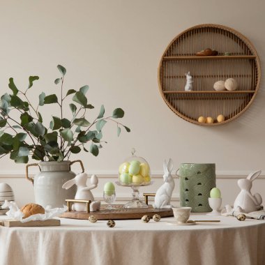 Warm and spring dining room interior with easter accessories, round table, vase with green leaves, cake, colorful eggs, rabbit sculpture and personal accessories. Home decor. Template.