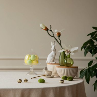 Minimalist composition of easter dining room interior with copy space, gray easter bunny sculpture, colorful eggs, vase with magnolia, beige wall with stucco and personal accessories. Home decor. Template.