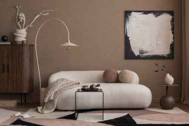 Poster çerçevesi, fotokopi odası, yeşil koltuk, yuvarlak sehpa, ahşap büfe, kahverengi ekose, yastık ve kişisel aksesuarları olan şık oturma odasının iç tasarımı. Ev dekoru. Şablon.