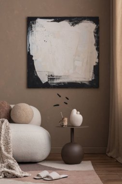 Poster çerçevesi, fotokopi odası, yeşil koltuk, yuvarlak sehpa, ahşap büfe, kahverengi ekose, yastık ve kişisel aksesuarları olan şık oturma odasının iç tasarımı. Ev dekoru. Şablon.