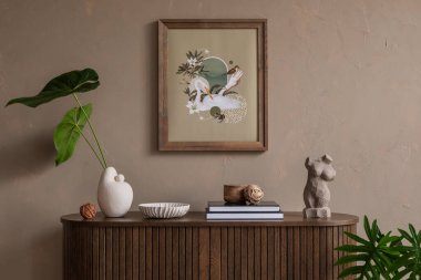 Poster çerçevesi, fotokopi odası, yeşil koltuk, yuvarlak sehpa, ahşap büfe, kahverengi ekose, yastık ve kişisel aksesuarları olan şık oturma odasının iç tasarımı. Ev dekoru. Şablon.