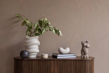 Poster çerçevesi, fotokopi odası, yeşil koltuk, yuvarlak sehpa, ahşap büfe, kahverengi ekose, yastık ve kişisel aksesuarları olan şık oturma odasının iç tasarımı. Ev dekoru. Şablon.