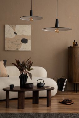 Model çerçeveli, fotokopi odası, koltuk, kanepe, sehpa, ahşap büfe, kahverengi ekose, yastık ve kişisel aksesuarları olan şık oturma odasının iç tasarımı. Ev dekoru. Şablon.