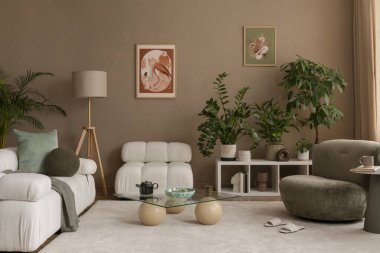 Rahat koltuğu ve halısı olan modern oturma odasının iç tasarımı.