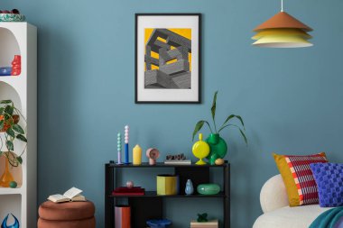 Modern and colorful interior of living room with design boucle sofa, mock up poster, shelf, plants, decorations and personal stuff. Home decor.	