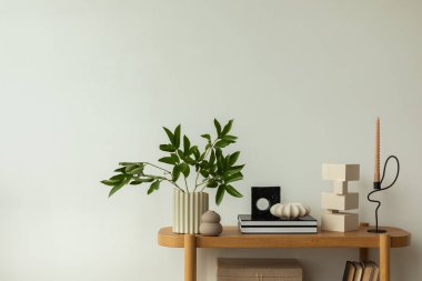 Oturma odasının minimalist kompozisyonları ahşap klozet, yapışkan mumlar, kitaplar, vazo yaprakları ve dekorasyonlar. Ev dekoru. Uzayı kopyala Şablon.