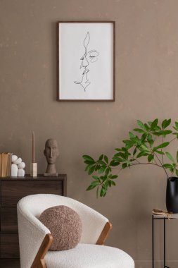 Şık İskandinav Salonu. Gösterişli mobilyalar ve organik tasarım unsurlarıyla İskandinav tarzı oturma odası. Modern yaşam tarzı ya da ev kameraları için ideal. Ev dekoru.