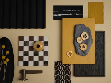 Dama tahtaları, ahşap aksanları ve desenli taş üzerinde kurumuş meyveleri olan toprak tonlu malzeme tahtası.