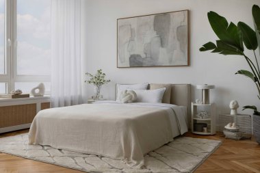 Yumuşak nötr tonları olan şık ve minimalist yatak odası, yatağın üzerinde soyut bir tablo oluşturur. Modern ev dekorasyonu.