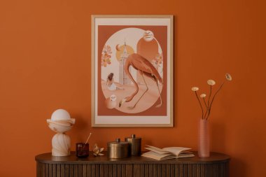 Şekil değiştirilmiş poster, içinde botanik elementler olan eski bir büfe ve sıcak turuncu iç dekorasyonlar.. 