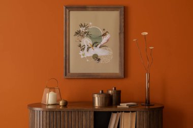 Şekil değiştirilmiş poster, içinde botanik elementler olan eski bir büfe ve sıcak turuncu iç dekorasyonlar.. 