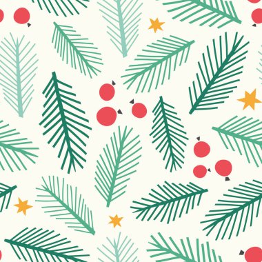 Noel yaprakları ve böğürtlen vektör yapısı. Şenlikli yaprakların kusursuz bir tekrarı ve yeşil ve kırmızı yıldızlar. Moda sezonluk tasarım elementi.
