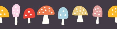 Mushroom background pattern border. Vector seamless repeat banner of bright colourful spotted hand drawn textured mushrooms. Cute Fall nature illustration, design element. 