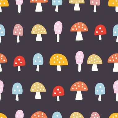 Mantar arkaplan modeli. Parlak renkli benekli el desenli mantarların kusursuz bir tekrarı. Şirin Sonbahar doğa illüstrasyonu, tasarım ögesi. 