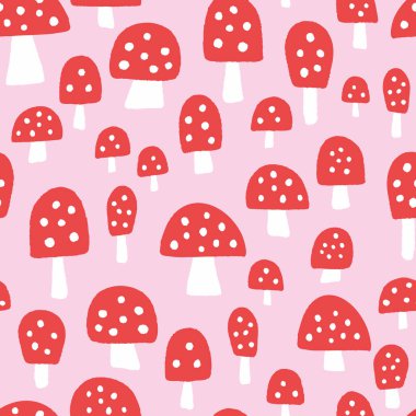 Mushroom background pattern . Vector seamless repeat of red spotted hand drawn textured mushrooms. Cute nature illustration, design element. 