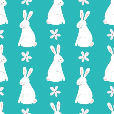 Paskalya tavşanı desenli arka plan, sevimli vektör kusursuz bahar tavşanlarının çiçekli tasarımı. Mevsimlik el çizimi illüstrasyon.