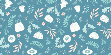 Noel desensiz kenar, şenlikli yeşillikler, hediyeler ve mücevherler. Kış tatili modern tasarım kaynağı. Vektör çizimi. Noel arkaplan pankartı.