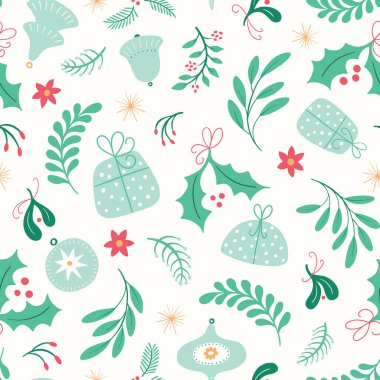 Yeşil yapraklar, kırmızı böğürtlenler, paketlenmiş hediyeler ve takılar. Sevimli ve eğlenceli modern kış tatil vektörü tasarımı. Mevsimlik Noel çizimi..