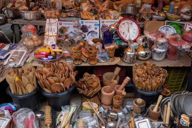 Sao Paulo, Brazil  jan14, 2023 Various types of housewares sold at a traditional street market in the city of So Paulo, Brazil.