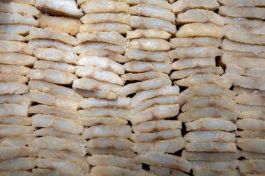 Dried salted cod at fish shop. Typical spanish and portuguese food. For sale in Municipal Market in Sao Paulo city, Brazil