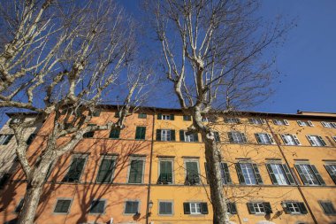 İtalya 'nın ortaçağ kenti Lucca' nın tarihi merkezinde bulunan Napolyon Meydanı 'ndaki tipik İtalyan binalarının dış yüzeyi.
