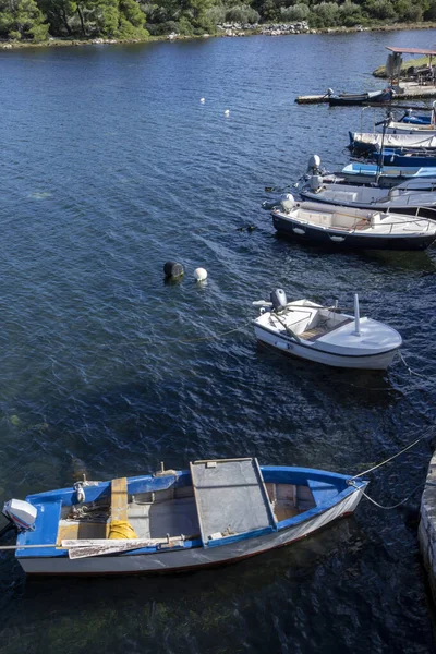 Bateaux Pêche Bleus Blancs Dessus Eau Sombre Ston Croatie — Photo