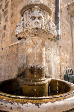 Aslan yüzlü ve beyaz taştan yapılmış çiçek desenli tarihi bir çeşme. Dubrovnik, Hırvatistan