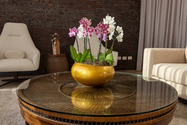 Moderní Interiér Obývacího Pokoje Pohovkou Orchidejemi — Stock fotografie