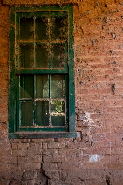 Texture Brick Wall Window Spider Web Old Historic Abandoned Train — Stock Photo, Image
