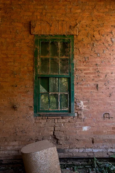 Texture Brick Wall Window Spider Web Old Historic Abandoned Train — Stock Photo, Image