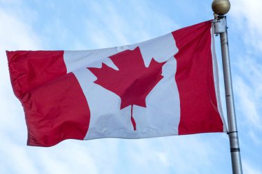 Güneşli bir yazda Kanada Bayrağı açık havada dalgalanır. Bulutlu mavi gökyüzü arkaplanı. 