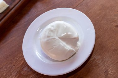 Brezilya 'nın Minas Gerais eyaletinin kırsal kesimindeki Itanhandu' da Burrata adlı geleneksel bufalo sütlü peyniri üretimi