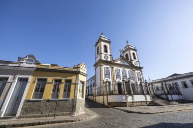 Sao Joao Del Rei, Minas Gerais, Brezilya 'nın tarihi kentinde bulunan Our Lady of the Pillar Bazilikası Katedral cephesi.
