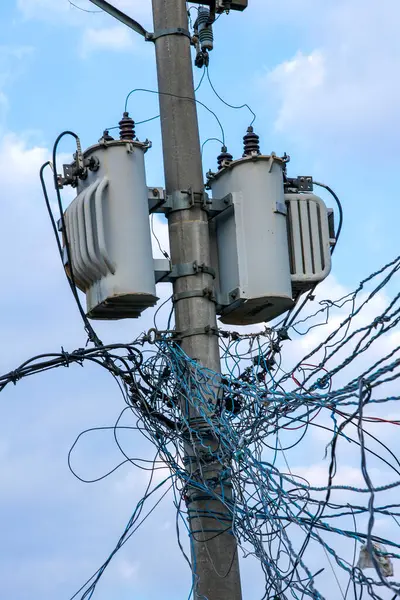 stock image messy electricity wires on the pole, The chaos of cables and wires on an electric pole in Sao Paulo city, Brazil