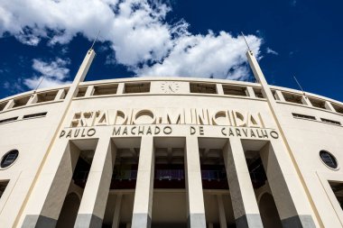 Sao Paulo, SP, Brazil, aug 04, 2024 -  Facade of the Municipal Stadium of Pacaembu, called Paulo Machado de Carvalho, where the Football Museum is located, in Charles Miller Square, Sao Paulo clipart