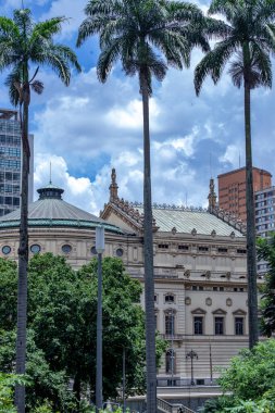 Sao Paulo, Brezilya - Aralık 2024: Brezilya 'nın ana opera binası ve kentin simgelerinden biri olan Belediye Tiyatrosu' nun görkemli cephesinin ayrıntıları.