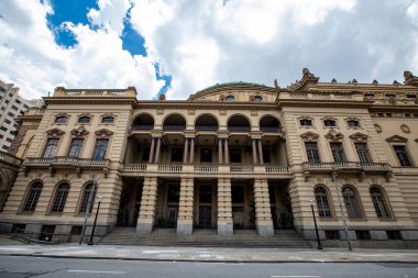 Sao Paulo, Brezilya - Aralık 2024: Brezilya 'nın ana opera binası ve kentin simgelerinden biri olan Belediye Tiyatrosu' nun görkemli cephesinin ayrıntıları.