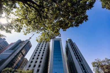 Güneşli bir günde Brezilya 'nın Sao Paulo kentindeki Avenida Paulista boyunca uzanan gökdelenler. Sao Paulo şehrinin finans merkezindeki ofis binaları