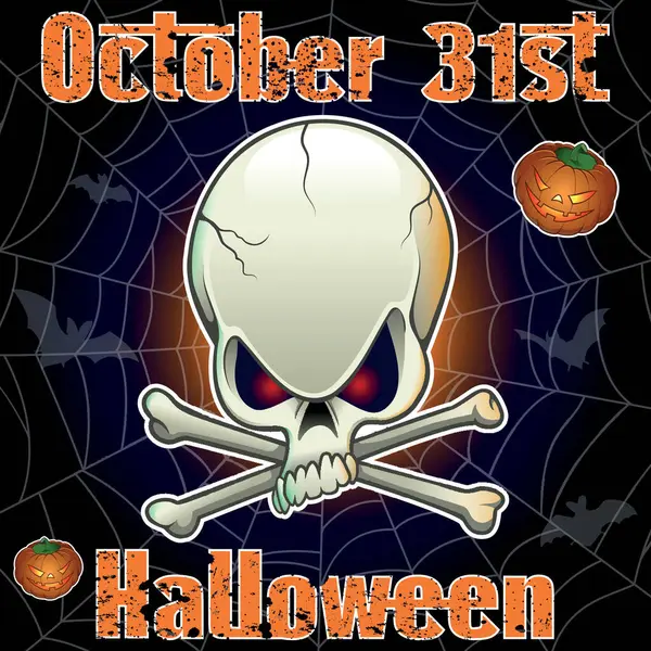 Illustration Halloween Totenkopf Mit Kreuzknochen Vordergrund Hintergrund Mit Spinnennetz Fledermäusen — Stockfoto