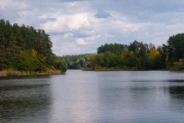 Geçmişinde orman olan nehir yatağı yağlı boya. jpg