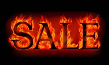 Yanan yazıtlar satışı siyah arka planda izole edildi. Turuncu alevler içindeki harfler. Vektör illüstrasyonu. 