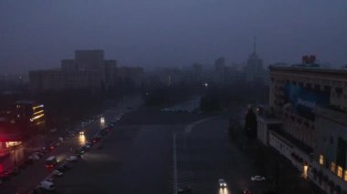 Kharkiv, Ukraine - December 2022: Destroyed building of the regional council of Kharkiv region, Freedom Square. Consequences of the Russian-Ukrainian war. Aerial view 