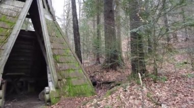 A forest path in the mountains of Ukraine. High mountain lake Synevyr. Wooden gazebo in the mountains. Old wooden house in the forest.
