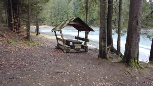 乌克兰山区的一条森林小径 高山湖Synevyr 山中的木制露台 森林里的旧木屋 — 图库视频影像