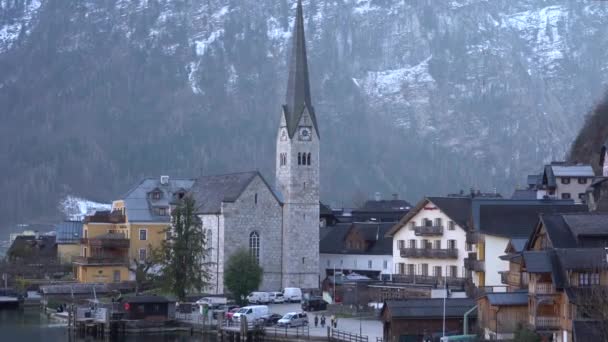 Hallstatt Hallstetter Lake Oostenrijk Maart 2023 Mooi Uitzicht Stad Bergmeer — Stockvideo