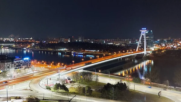 Μπρατισλάβα Σλοβακία Μάρτιος 2023 Βραδινή Θέα Στην Πόλη Γέφυρα Snp — Φωτογραφία Αρχείου