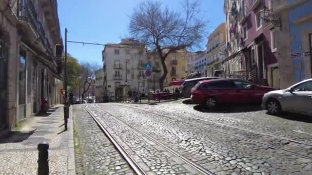 Portugal Lissabon Maart 2023 Zicht Tram Straten Van Een Prachtige — Stockvideo